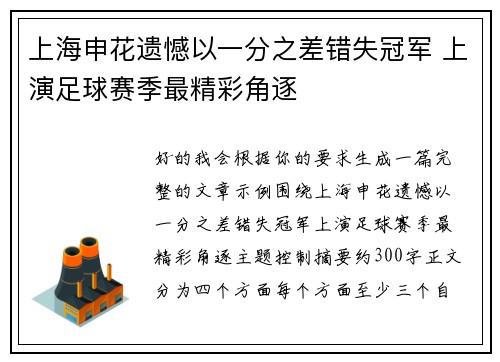 上海申花遗憾以一分之差错失冠军 上演足球赛季最精彩角逐