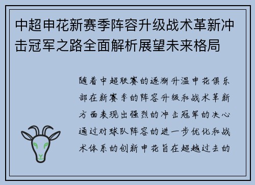中超申花新赛季阵容升级战术革新冲击冠军之路全面解析展望未来格局 中超申花新赛季阵容升级战术革新冲击冠军之路全面解析展望未来格局