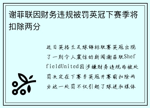谢菲联因财务违规被罚英冠下赛季将扣除两分